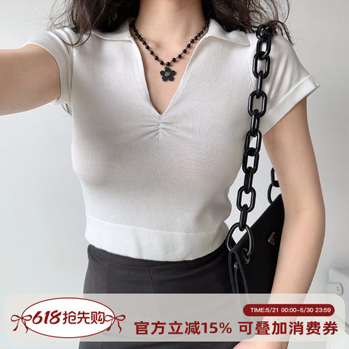 Go Girl Go 自制欧美风简约百搭V领短袖针织T恤女修身短款上衣