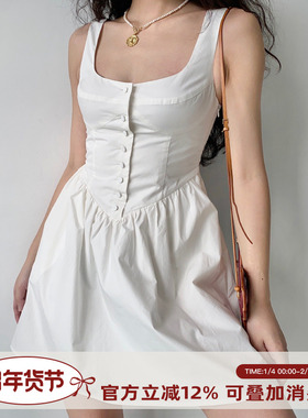 Go Girl Go 自制复古宫廷风白色花苞口袋系扣方领无袖a字连衣裙女