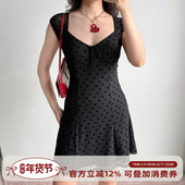 修身 显瘦a字裙 复古樱桃黑色短袖 连衣裙女夏季 Girl 自制美式