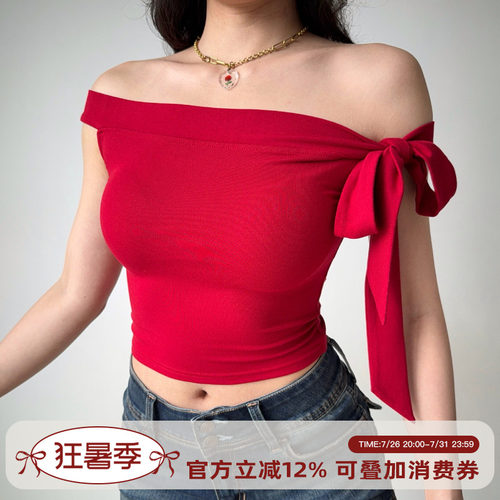 Go Girl Go 欧美风性感一字领绑带修身T恤女夏季短款辣妹上衣