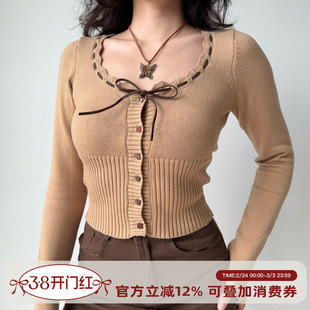 Go Girl Go 欧美风蝴蝶结系带针织衫女修身显瘦短款毛衣开衫