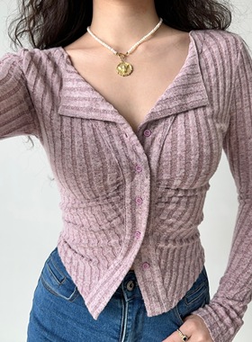 Go Girl Go 欧美风复古坑条螺纹弹力长袖针织开衫女修身显瘦上衣