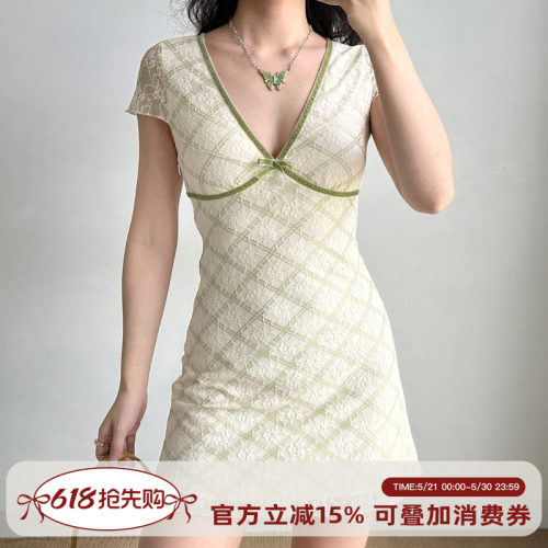 Go Girl Go 自制欧美风性感深V领蕾丝格子短袖连衣裙女夏季