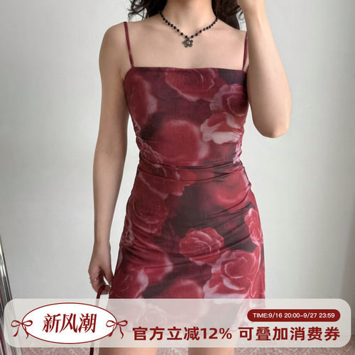 Go Girl Go 自制性感欧美风红色印花平口吊带连衣裙修身包臀短裙