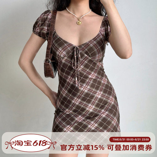 Go Girl Go 自制美式复古泡泡袖格纹连衣裙女夏季修身A字短裙辣妹