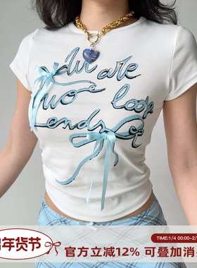 Go Girl Go 自制欧美风蝴蝶结白色正肩短袖T恤女夏季收腰修身上衣