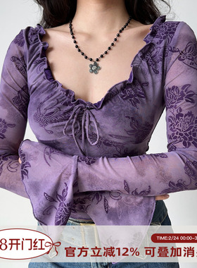 Go Girl Go 自制欧美风木耳边系带植绒T恤女喇叭袖修身紫色上衣