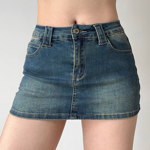 Go Girl Go 欧美风做旧低腰牛仔超短裙修身包臀半身裙女防走光