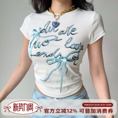 Go Girl Go 自制欧美风蝴蝶结白色正肩短袖T恤女夏季收腰修身上衣