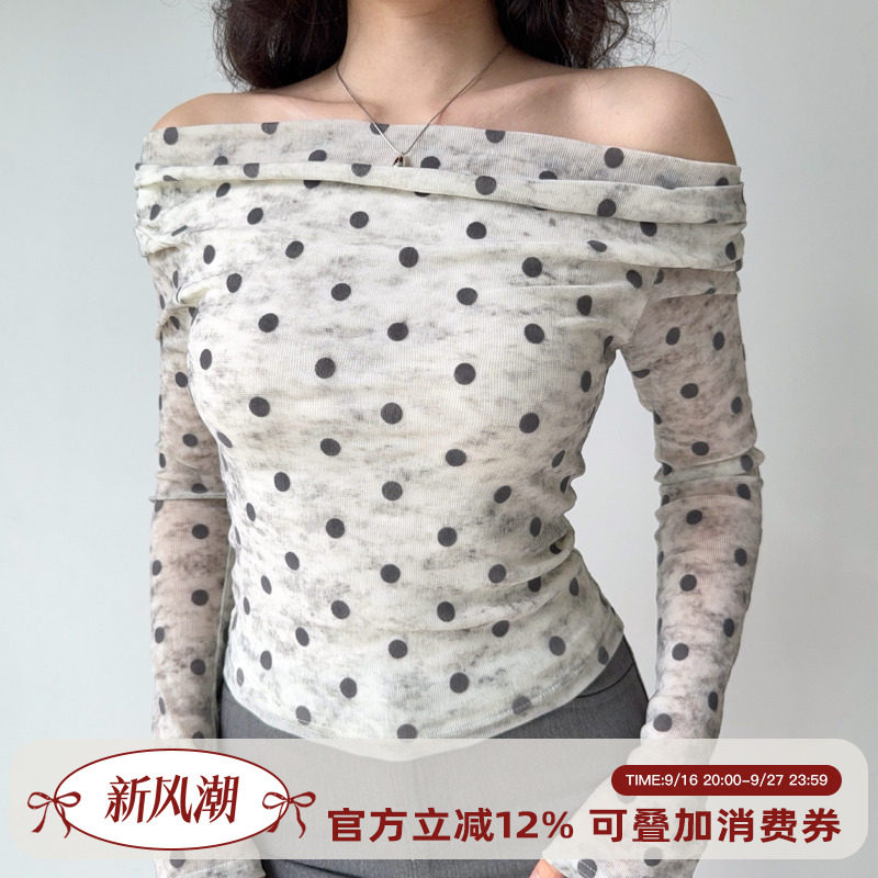 Go Girl Go 自制法式波点性感一字肩上衣早秋长袖T恤女修身