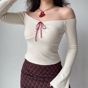 女蝴蝶结修身 自制欧美风纯欲辣妹一字领针织衫 上衣 Girl