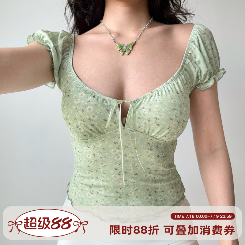 Go Girl Go 自制欧美风纯欲性感镂空碎花T恤女夏季泡泡袖U领上衣