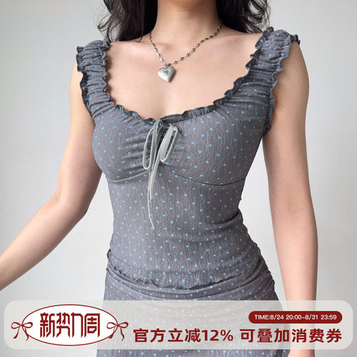 Go Girl Go自制芭蕾风波点无袖背心女外穿修身短款木耳边甜辣上衣