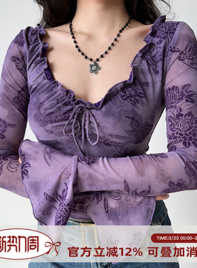 Go Girl Go 自制欧美风木耳边系带植绒T恤女喇叭袖修身紫色上衣