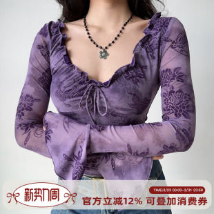 修身 自制欧美风木耳边系带植绒T恤女喇叭袖 紫色上衣 Girl