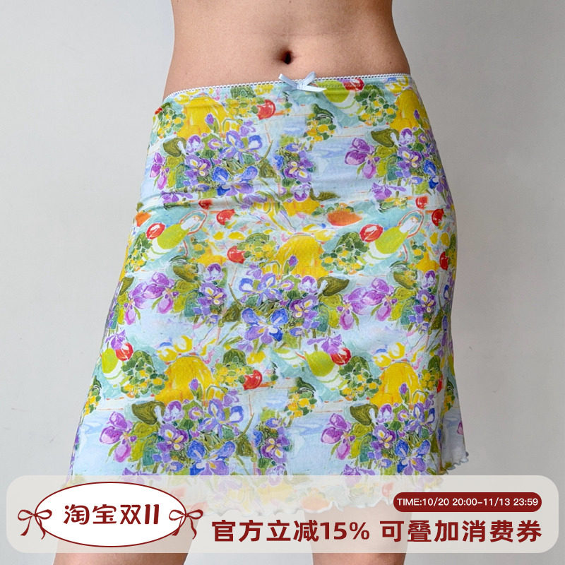 Go Girl Go 自制复古欧美风油画印花网纱半身裙女夏修身包臀短裙