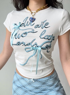 Go Girl Go 自制欧美风蝴蝶结白色正肩短袖T恤女夏季收腰修身上衣