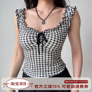 Go Girl Go 自制芭蕾风黑白格子U领无袖背心女外穿修身短款上衣