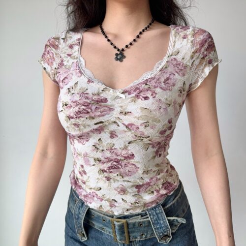 Go Girl Go 自制复古欧美风修身显瘦印花蕾丝上衣夏季短袖T恤女