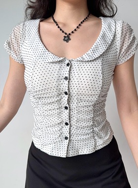 Go Girl Go 法式复古娃娃领白色短袖衬衫女夏季修身波点上衣