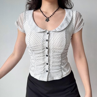 复古娃娃领白色短袖 法式 衬衫 女夏季 波点上衣 修身 Girl