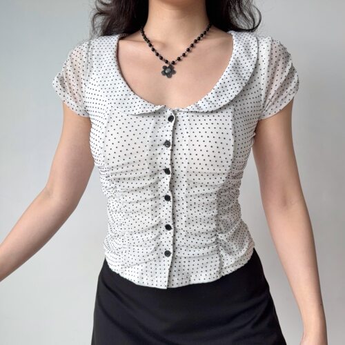 Go Girl Go 自制法式复古娃娃领白色短袖衬衫女夏季修身波点上衣