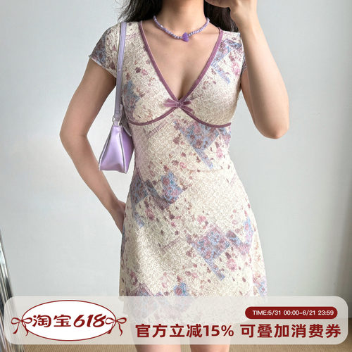 Go Girl Go 自制欧美风性感深V领短袖蕾丝连衣裙女夏季A字短裙