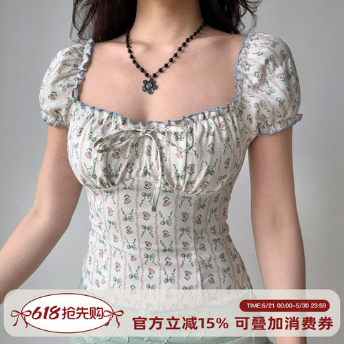 Go Girl Go 自制法式复古方领泡泡袖碎花上衣女修身收腰短袖衬衫