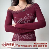 自制欧美风性感露肩酒红色长袖 Girl T恤女蕾丝拼接字母上衣