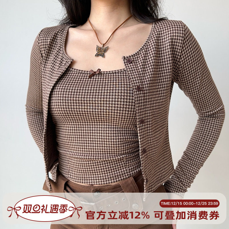 Go Girl Go 自制复古欧美风千鸟格吊带开衫两件套短款上衣女秋季
