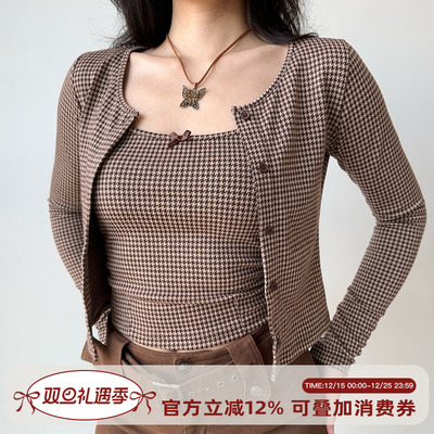 Go Girl Go 自制复古欧美风千鸟格吊带开衫两件套短款上衣女秋季