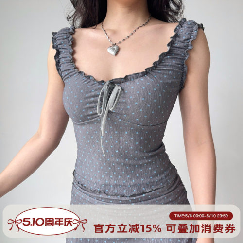 Go Girl Go自制芭蕾风波点无袖背心女外穿修身短款木耳边甜辣上衣