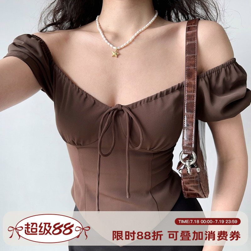 欧美风大U领系带短袖T恤短款上衣