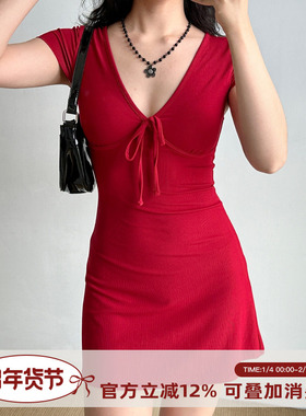 Go Girl Go 自制欧美风性感深V领红色短袖连衣裙修身包臀短裙女夏