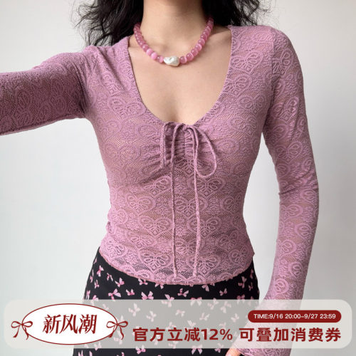 Go Girl Go 自制欧美风镂空蕾丝系带长袖T恤女秋修身短款辣妹上衣
