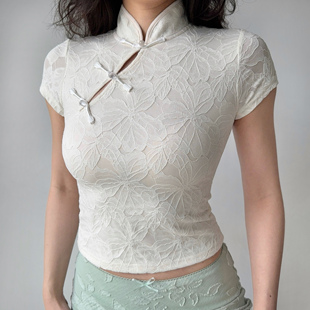 短款 上衣 T恤女修身 复古旗袍领蕾丝短袖 Girl 自制新中式