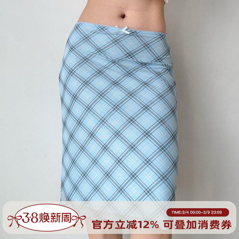Go Girl Go 自制欧美风蓝色格子网纱半身裙女夏季松紧腰包臀裙子