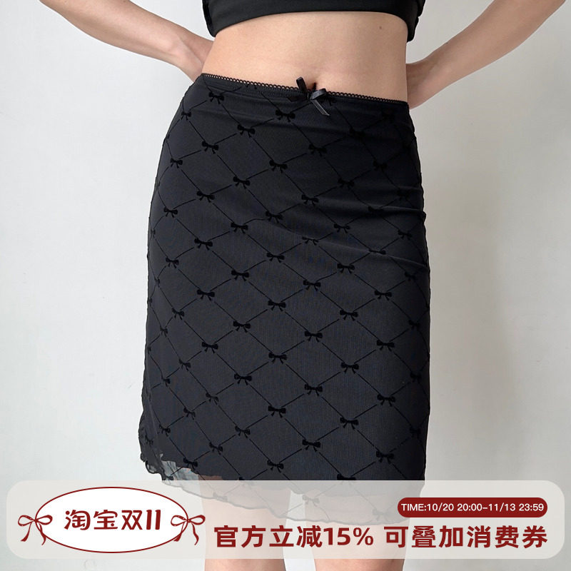 Go Girl Go 自制欧美风蝴蝶结格子半身裙a字修身中腰包臀网纱短裙