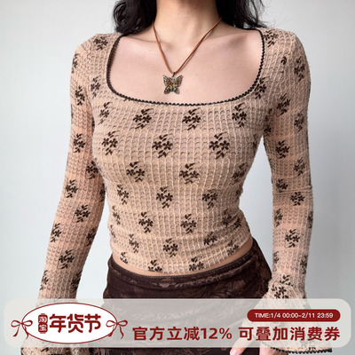 Go Girl Go 自制美式复古喇叭袖钩花长袖T恤女秋季修身方领上衣