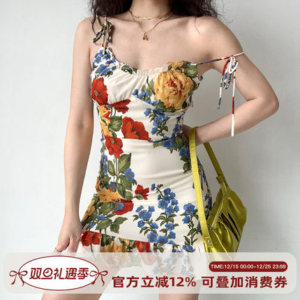 Go Girl Go 欧美风油画印花绑带复古吊带连衣裙女荷叶边短裙a字裙