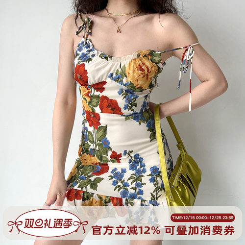 油画印花荷叶边吊带裙女