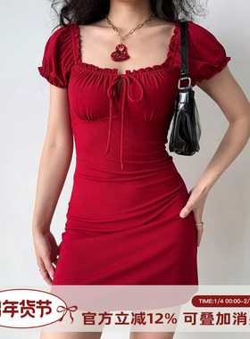 Go Girl Go 自制法式复古红色方领绑带连衣裙泡泡袖修身包臀短裙