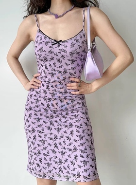 Go Girl Go自制欧美风紫色碎花吊带裙女夏修身性感低胸露背连衣裙