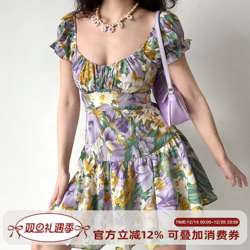 法式复古油画花朵泡泡袖连衣裙