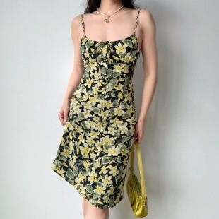自制欧美风印花吊带裙女夏季 中长款 连衣裙系带裙子 Girl