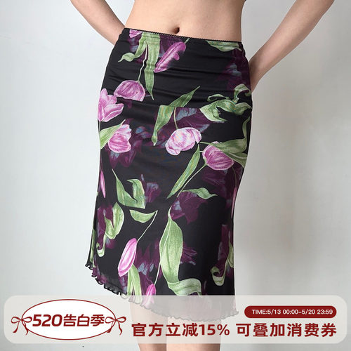 Go Girl Go 自制欧美风复古花卉大印花鱼尾半身裙女夏a字花边短裙