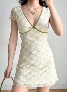 Go Girl Go 自制欧美风性感深V领蕾丝格子短袖连衣裙女夏季