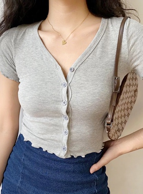 Go Girl Go 欧美风简约修身显瘦V领木耳边短袖T恤女开衫短款上衣