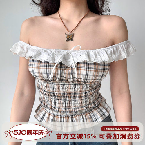 Go Girl Go 自制美式复古两穿一字领格子无袖上衣女收腰显瘦衬衫