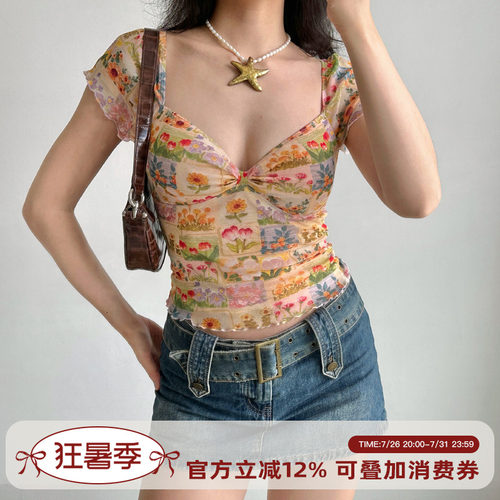 Go Girl Go自制欧美风油画花卉印花v领T恤女夏季花边网纱短袖上衣